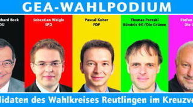 Stehen heute ab 19 Uhr auf dem GEA-Podium in der Listhalle Rede und Antwort (von links): Ernst-Reinhard Beck (CDU), Sebastian Weigle (SPD), Pascal Kober (FDP), Thomas Poreski (Grüne) und Stefan Straub (Die Linke).
FOTOS: PR