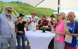 Jetzt geht's gleich los: Mit einem MeSecco stärken sich die Teilnehmer an der ersten Weinwanderung mit Gerhard Fritz ( mit Stroh