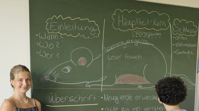 Mentorin Lotta Künzel hat ein Tafelbild gemalt und erklärt dem Teilnehmer der Sommerschule die Grundlagen des Ge-schichtenerzähl