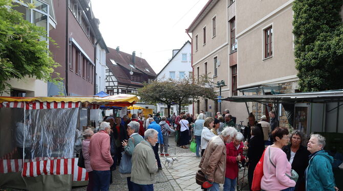 Zahlreiche Besucherinnen und Besuchen haben ihren Weg zum ersten Eninger Wochenmarkt gefunden.