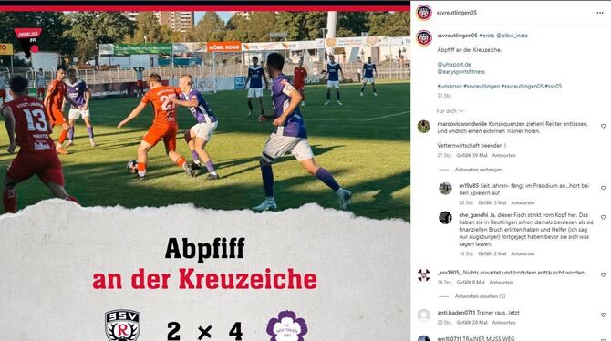 Reaktionen auf die Niederlage des SSV Reutlingen gegen Nöttingen auf Instagram.