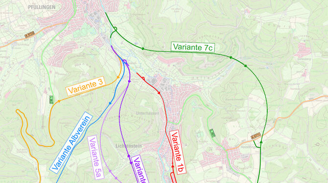 Die geprüften Varianten für den Albaufstieg im Zuge der B 312: Nach Abschluss der Verkehrsuntersuchungen bleibt die Variante 5b