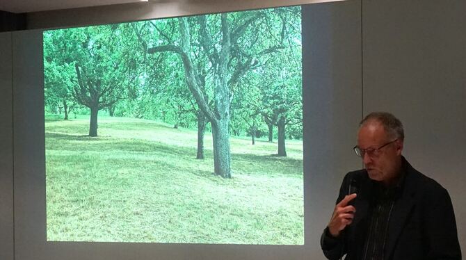 Christoph Morrissey, promovierter Archäologe, referiert über die Geschichte der Streuobstwiesen um Mössingen.  FOTO: STRAUB