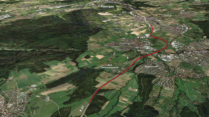 Das rote Band der Trasse, die die Lücke im Steinlachtal schließen soll: Begonnen wird unten bei Bodelshausen. Endelberg und Ofte