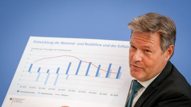 Robert Habeck (Bündnis 90/Die Grünen), Bundes-minister für Wirtschaft und Klimaschutz, stellt auf einer Pressekonferenz die Her