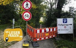 Der beliebte Fuß- und Radweg ist seit Juni nicht passierbar. Das Schild rechts weist zur Tiefgarage des Achalm-Hotels und gleich