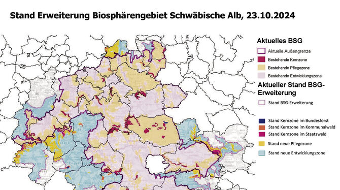 Sechs neue Kommunen sind dabei, 16 haben ihre Flächen erweitert: die Karte der künftigen Gebietskulisse des Biosphärengebiets.