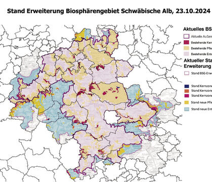 Sechs neue Kommunen sind dabei, 16 haben ihre Flächen erweitert: die Karte der künftigen Gebietskulisse des Biosphärengebiets.  