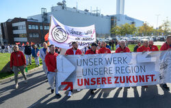 Beschäftigte von Volkswagen sind am Werkstor in Zwickau zu einer Infoveranstaltung des Betriebsrates zusammengekommen. Die Volks