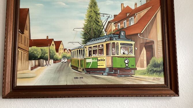 Gemälde der Reutlinger Straßenbahn auf ihrer Fahrt durch Oferdingen. Das Bild schmückte einst eine Gaststätte und sei "vermutlic