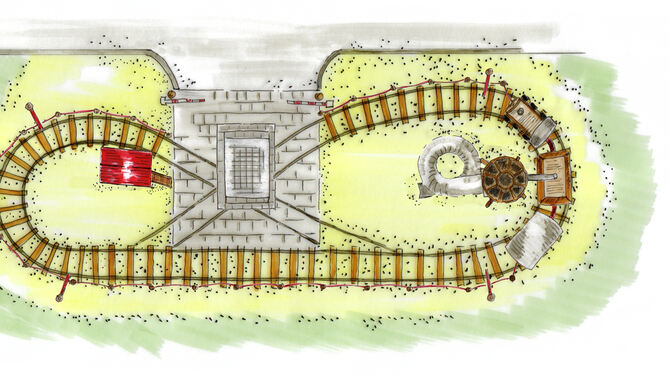 Der neue Spielplatz soll mit seinen Gleisen optisch einem Bahnhof gleichen. FOTO: STADT