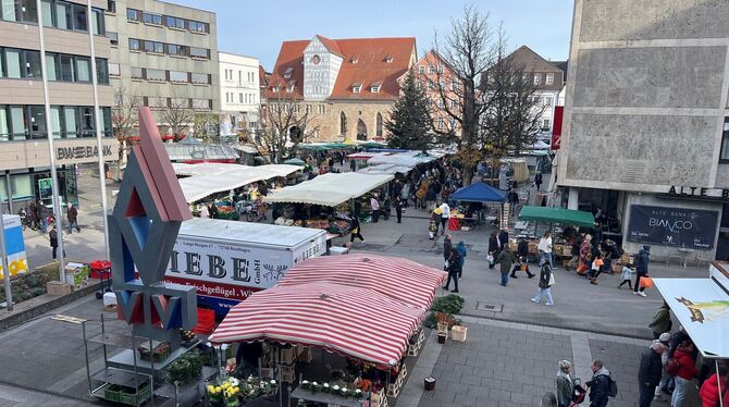 Der Weihnachtsbaum steht schon, die Pyramide noch nicht: Der Reutlinger Wochenmarkt an einem kalten Samstag Ende November.