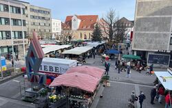 Der Weihnachtsbaum steht schon, die Pyramide noch nicht: Der Reutlinger Wochenmarkt an einem kalten Samstag Ende November. 