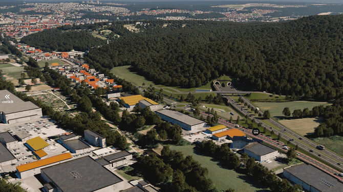 Die Tunneleinfahrt aus Richtung Steinlachtal. Links der neuen Bundesstraße führt die Hechinger Straße Richtung Tübingen. Rot mar