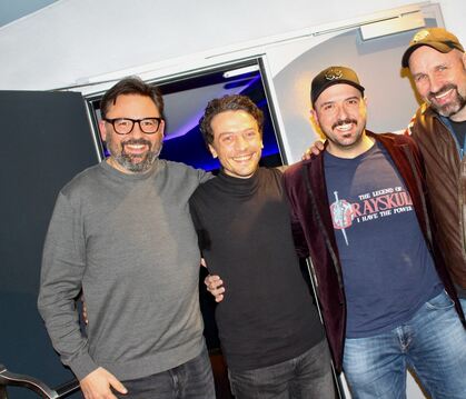 Regisseur Andreas Kröneck, Hauptdarsteller Harald Hauber, Musikproduzent Antonio Fernandes Lopes und Dominik Kuhn (von links) be