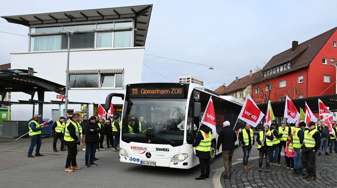 Lautstark fordern die Chauffeure auf dem ZOB in Reutlingen mehr Lohn.