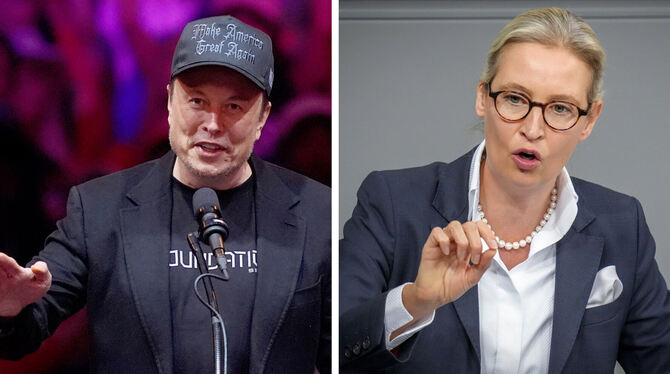 Ziemlich beste Freunde: Elon Musk und Alice Weidel. FOTOS: VUCCI/NIETFELD/DPA