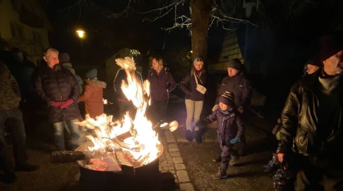 Winternacht im Dorf, veranstaltet vom DRK Mägerkingen-Hausen: Kinder werfen nach dem Fackelumzug ihre Fackelreste in die Feuersc