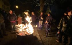 Winternacht im Dorf, veranstaltet vom DRK Mägerkingen-Hausen: Kinder werfen nach dem Fackelumzug ihre Fackelreste in die Feuersc