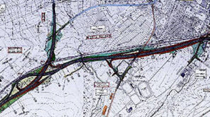 Der Plan für die neue B 28 bei Metzingen: links die Maienwaldkurve mit dem Knoten Bahn/B 312, der Anschluss der K 6714 (Mitte) und der Auchtertknoten (rechts).
GEA-REPRO