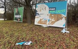 Ein teilweise heruntergerissenes, beschädigtes und mit Parolen verunziertes Bundestagswahl-Plakat der CDU in Pliezhausen.