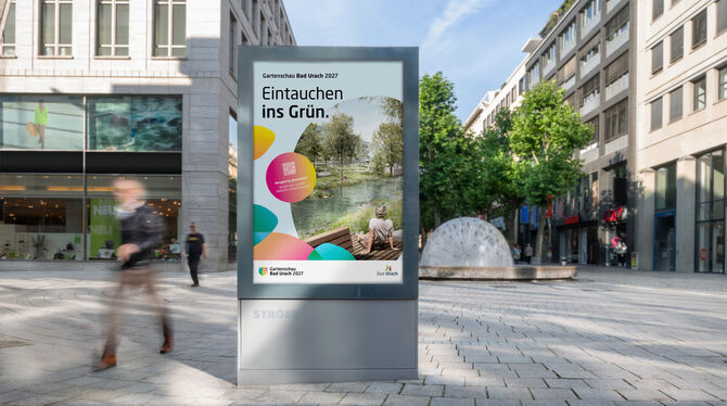 »Eintauchen ins Grün.«: So könnte Bad Urach die Gartenschau 2027 in Stuttgart bewerben. Die Visualisierung zeigt einen Werbe-Auf