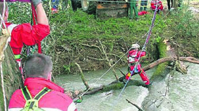 Alle Hände voll zu tun hatte Wannweils Feuerwehr im August 2002. Hier entfernen die Wehrmänner einen verkeilten Baum in der Echaz.
GEA-ARCHIVFOTO: GES