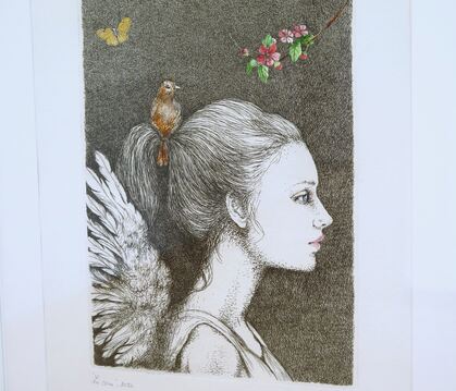 Rossella Baldecchi: "Die Heilung" (2024), Radierung, Aquarell und Bleistift auf Büttenpapier. 