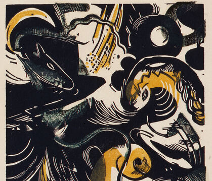 Ein Teil der Schöpfungsgeschichte II von Franz Marc. Der Farbholzschnitt von 1914 ist in der Städtischen Kunstsammlung Reutlinge