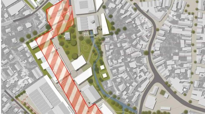 Geplant: eine Tiefgarage (rot-grau), die via Reutlinger Straße (unten) und Stuttgarter Straße (oben) anfahrbar ist. GRAFIK: RIEH