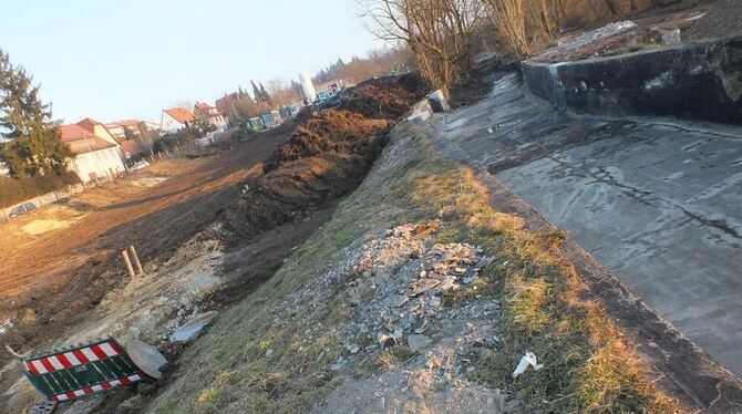 Zwischen den Häusern an Wannweils Hauptstraße (links) und dem noch zu sanierenden Kanal zum Wasserkraftwerk (rechts) sind die Fl