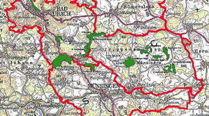 Das »Biosphärengebiet Schwäbische Alb« ist nahezu identisch mit den Gemarkungen von Bad Urach, Münsingen und Römerstein sowie der Fläche des Truppenübungsplatzes. Die schraffierten Kernzonen sind Bannwälder und auf das ganze Gebiet verteilt.
GEA-REPRO