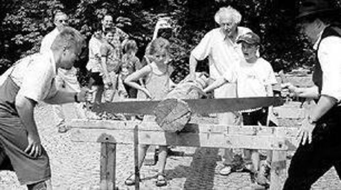 Zimmermann Gerd Renz (rechts) und Namensvetter Frank Renz beim Zurechtsägen eines Stammes vor dem Pfullinger Schlössle.
FOTO: MAGDALENA KABLAOUI