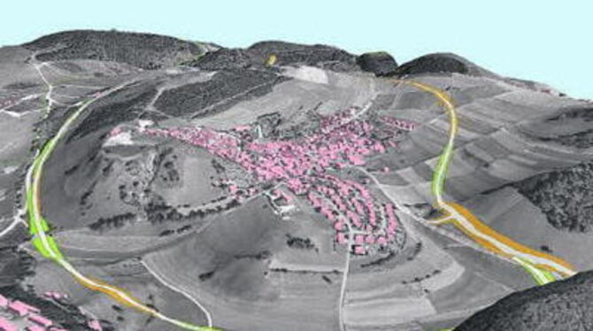 Zwei Möglichkeiten gibt es für die neue L 230 um Böttingen herum: Links vorbei im großen Bogen, beziehungsweise nördlich zwischen Böttingen und dem »Alten Lager« durch, was vermutlich an einem Vogelschutzgebiet scheitern wird. Wohingegen nach Meinung der Fachleute alles für die »Süd«-Trasse, rechts im Bild, spricht.
3D-VISUALISIERUNG: GEOINFORMATION+PLANUNG/LANDESVERMESSUNGSAMT