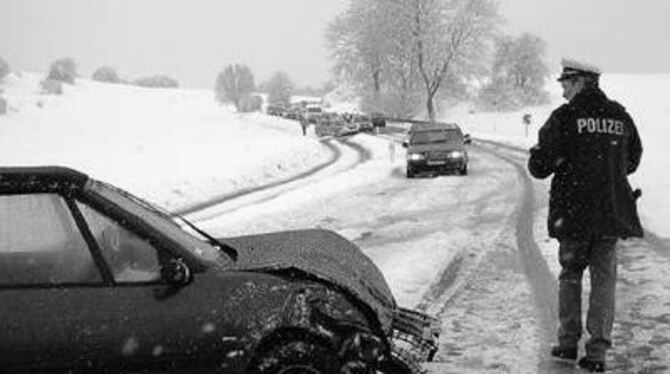 Wenn's nonstop schneit, sind sogar manchmal die Männer von der Straßenmeisterei nicht schnell genug - oder die Autofahrer zu schnell, wie dieser Unfall bei Engstingen zeigt.
GEA-FOTO: KUNZE