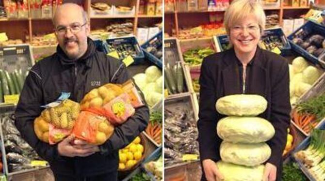 Vier Sack Kartoffeln entsprechend neun Kilo Gewicht hat Stadtrat Christoph Joachim seit Diät-Start abgespeckt. Seine Ratskollegin Edeltraut Stiedl bringt's auf vier Krautsköpfe. Weggefuttert hat sie sich nämlich vier Kilo.
FOTOS: TRINKHAUS