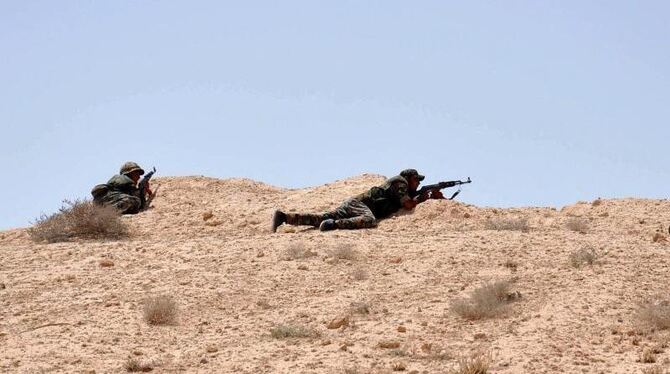 Syrische Soldaten verschanzen sich auf einer Anhöhe in der historischen Oasenstadt Palmyra. Foto: Sana/EPA