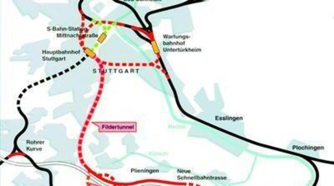 Der Anschluss der Neckartalbahn von Reutlingen und Tübingen an die neue Schnellbahnstrecke (rot) erfolgt über die so genannte "K