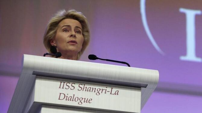 Verteidigungsministerin von der Leyen spricht auf einer Sicherheitskonferenz in Singapur. Foto: Wallace Woon