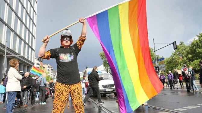 Ein Demonstrant fordert die Gleichstellung homosexueller Partnerschaften mit der Ehe. Foto: Stephanie Pilick/Archiv