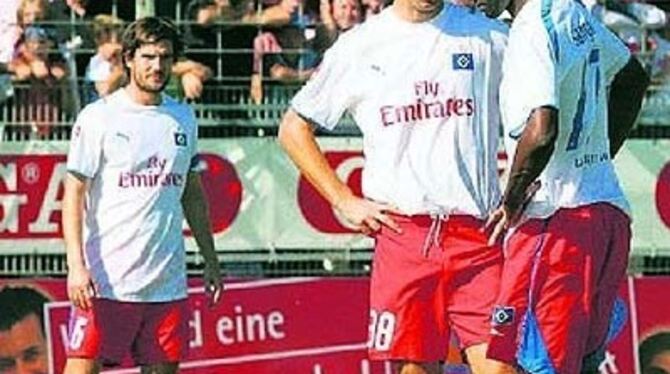 So sehen Trantüten aus: Die HSV-Spieler Rafael Wicky, Danijel Ljuboja und Boubacar Sanogo (von links) nach dem Poikal-Aus in Stu