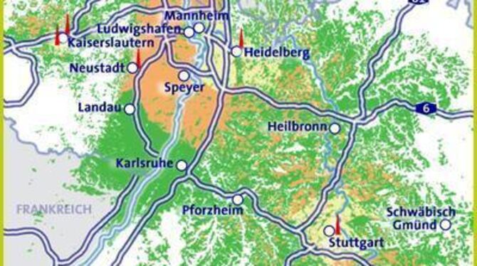 Die Karte der Empfangsgebiete für das digitale Fernsehen  zeigt: Reutlingen ist noch nicht optimal versorgt. QUELLE: SWR