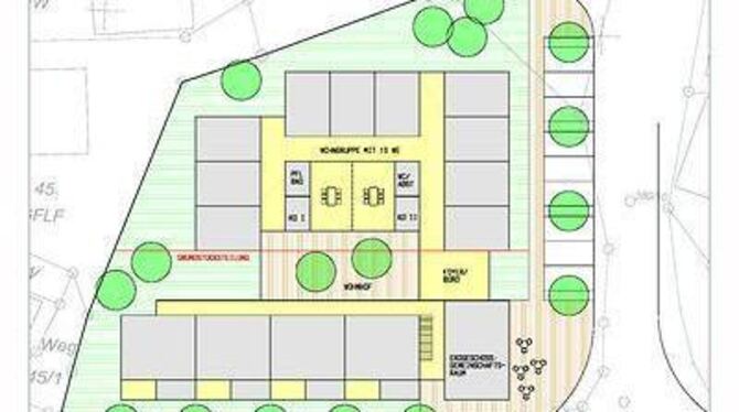Vorne Betreutes Wohnen, dahinter die Wohngemeinschaft, im Eck der Bürgertreff: Skizze des Projekts auf dem &raquo;Adler&laquo;-A