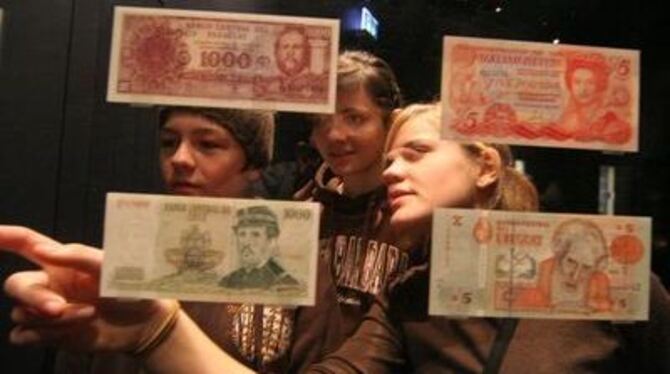 Einblicke und Durchblicke: ZmSler vor Banknoten aus Chile, Paraguay, Uruguay und den Falklandinseln.
GEA-FOTO: FINK