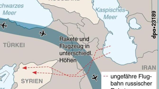 Karte mit Flugbahn russischer Raketen nach Syrien und Hauptflugkorridor von Passagiermaschinen. Foto: Ruben Mühlenbruch