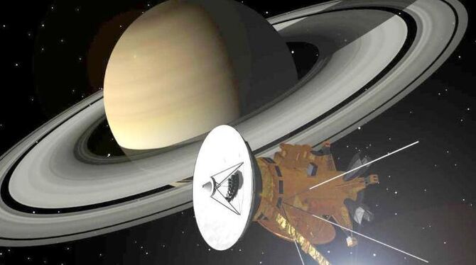 Seit Juli 2004 kreist die amerikanisch-europäische Raumsonde Cassini im Saturnsystem (Computersimulation). Foto: DLR