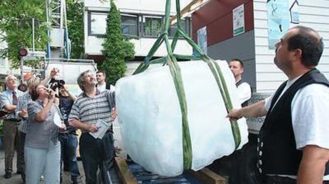 Heiße Aktion: Zum Dahinschmelzen gut ! Reutlingens Umweltbeauftragter Reinhard Braxmaier und die Eisblock-Fans waren begeistert,