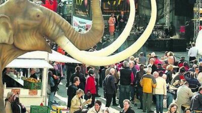 Eröffnung der Freiluftausstellung &raquo;Erben der Dinos&laquo;: Zwischen Rüssel und Stoßzähnen des Mammuts OB Barbara Bosch und