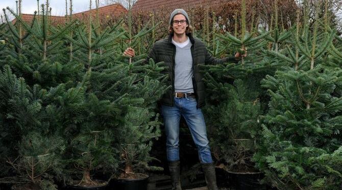 Kersten Scholz von der Baumschule Scholz im Ammerland (Niedersachsen) stellt die neuen Leih-Weihnachtsbäume mit Blumentopf vo