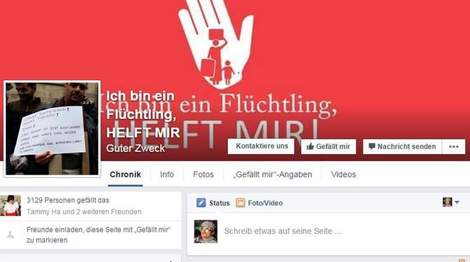 Screenshot von der offiziellen »Ich bin ein Flüchtling, HELFT MIR«-Seite auf Facebook.